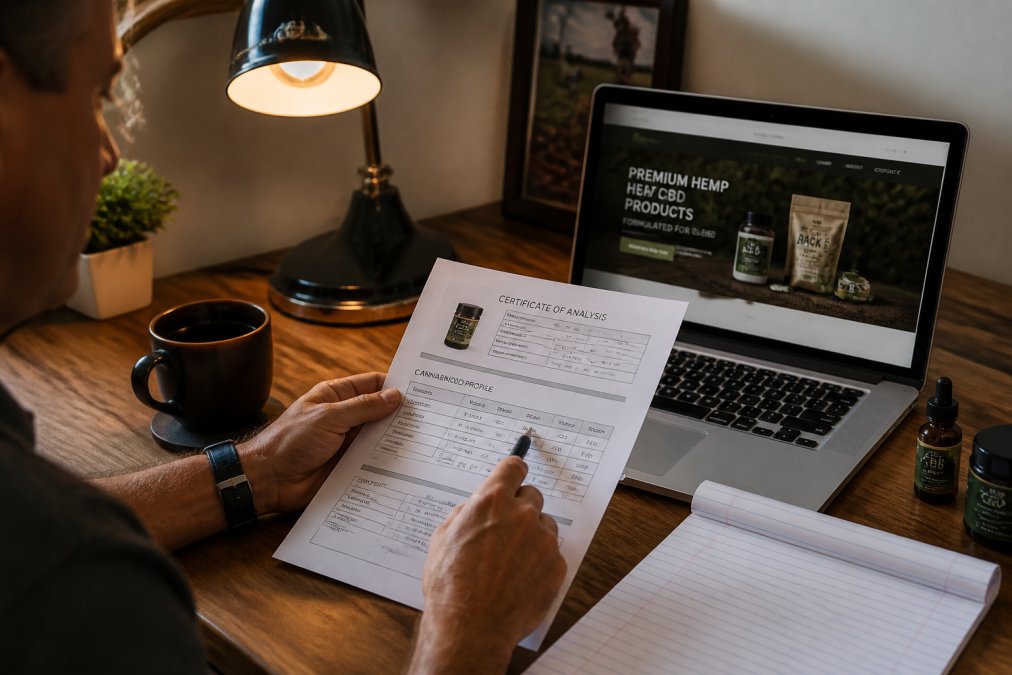 Person at a wooden desk reviewing a printed Certificate of Analysis document alongside a laptop displaying a hemp product website, with a pen in hand pointing to the cannabinoid panel under warm desk lamp lighting