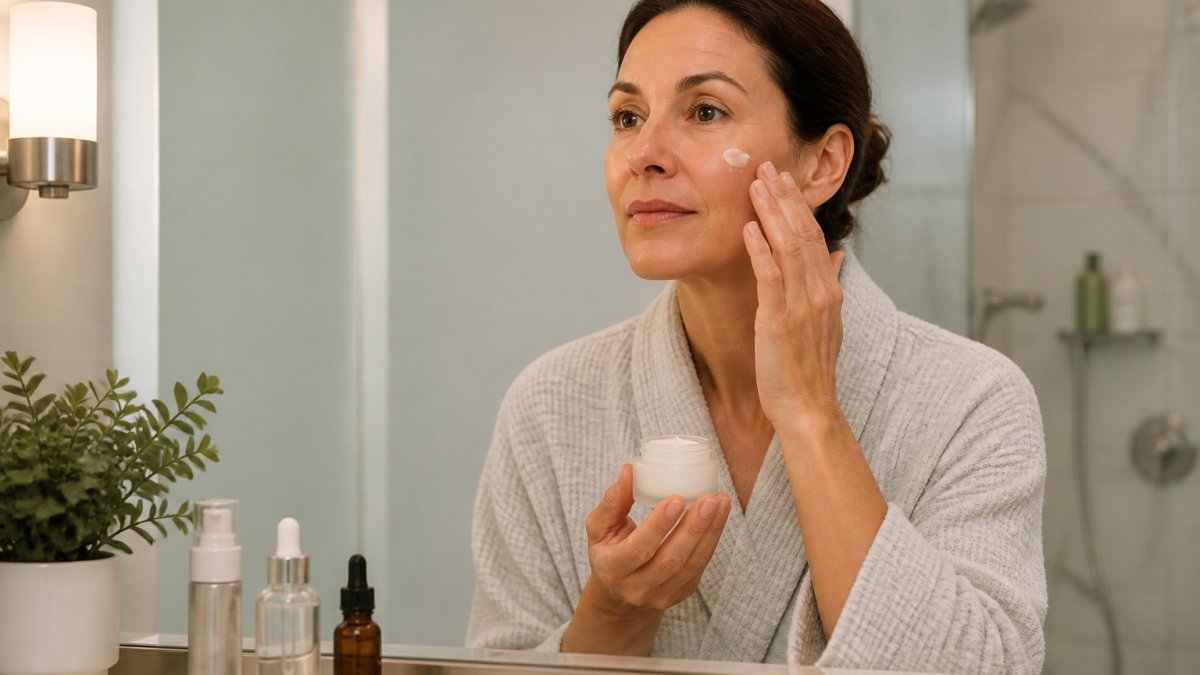 Woman in her 40s applying night cream to her face in a bright bathroom with skincare products on the counter
