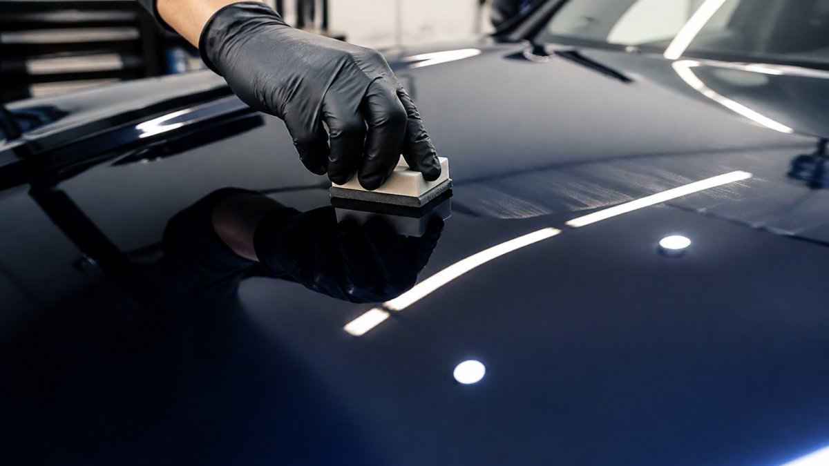 Close-up of a detailer's gloved hand applying ceramic coating to a car's glossy paintwork with an applicator block, workshop lighting reflecting off the surface