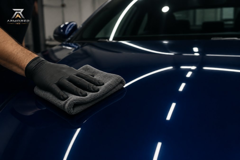 Close-up of a technician's gloved hand holding a plush microfiber cloth against a glossy dark blue car hood, bright overhead LED lights reflecting cleanly across the flawless finish