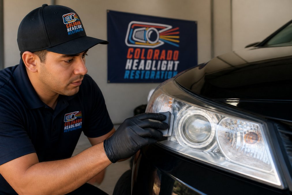 Professional technician applying ceramic sealant to vehicle headlight lens with microfiber applicator pad, showing controlled buffing motion on polycarbonate lens surface in well-lit service environment