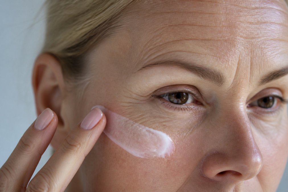 Close-up of a person's face showing fine lines around the eyes and forehead, with a hand applying a light cream to the cheek area in natural morning light