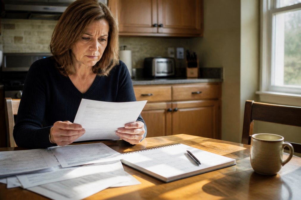 A parent reviewing legal documents at a kitchen table with a calendar and pen nearby, natural daylight streaming through a window