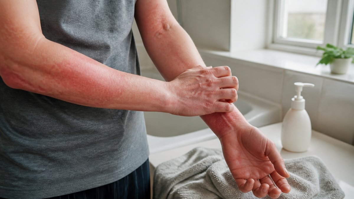 Infographic showing the process of skin irritation after a shower and steps to improve moisture retention