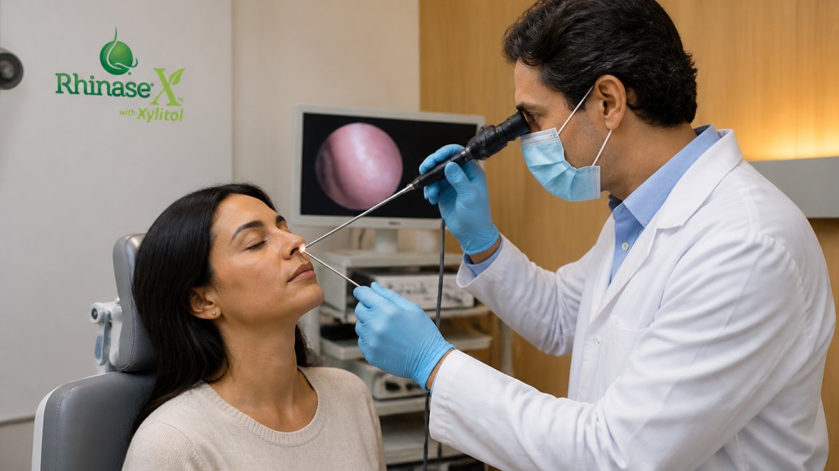 ENT specialist examining patient's nasal passages with endoscope in modern medical office with warm lighting