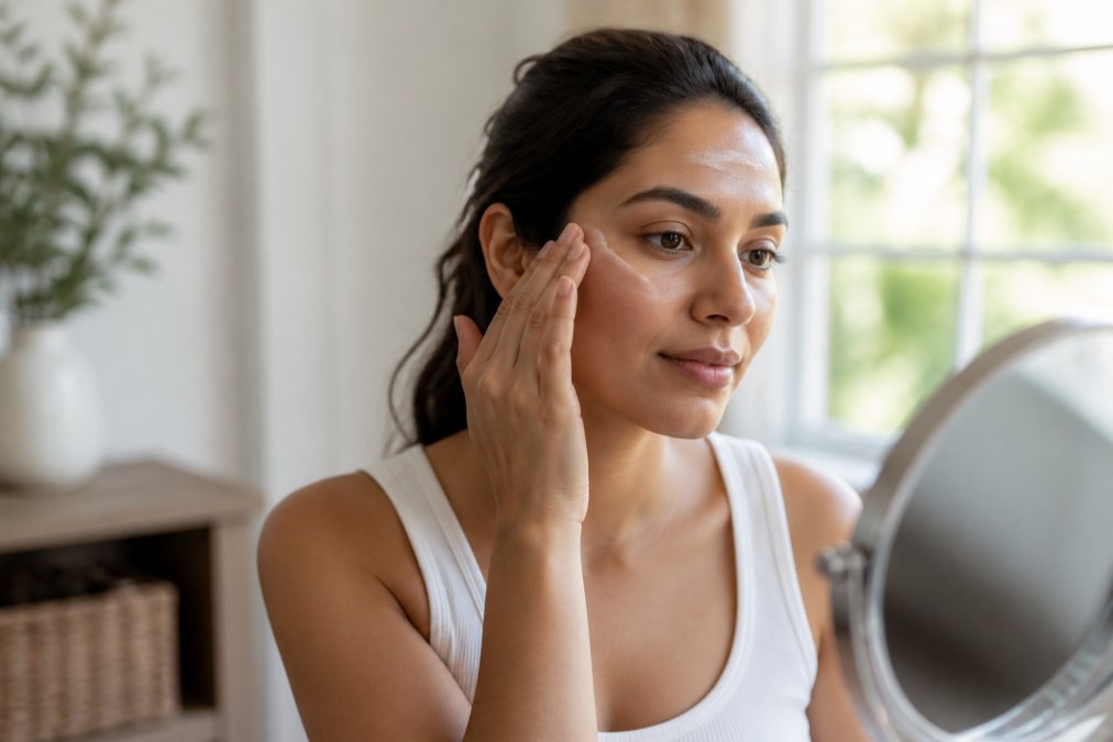Person applying lightweight primer to clean, prepped skin in natural morning light, showing deliberate application technique on forehead and cheekbones