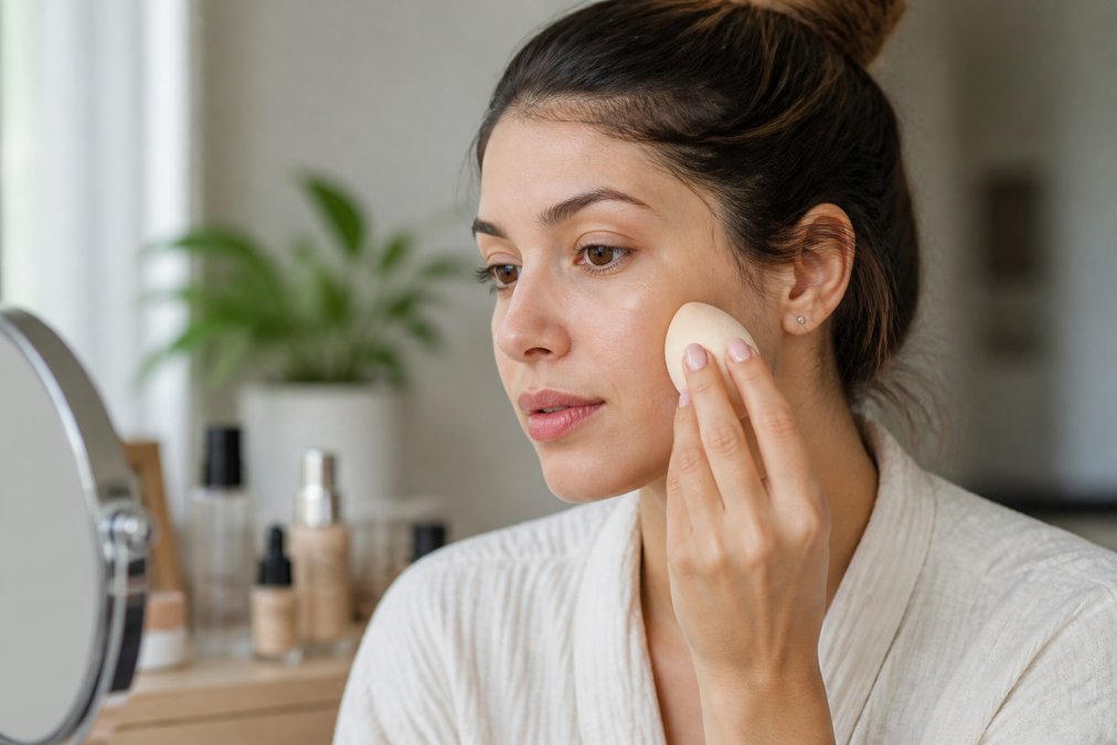 Woman applying clean foundation with a damp beauty sponge to achieve full coverage on her cheek
