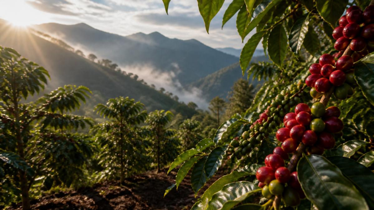 Close-up of coffee cherries hanging on branches in misty mountain landscape with rich volcanic soil and lush vegetation visible, morning light filtering through the canopy of a high-altitude coffee farm