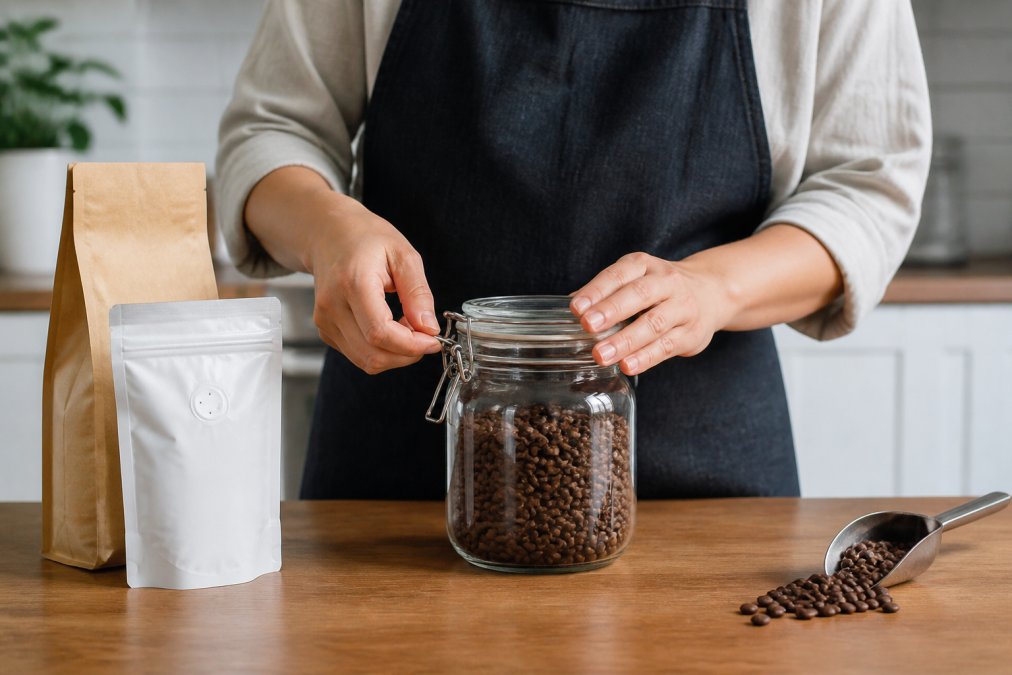 A person sealing coffee beans in an airtight glass jar on a kitchen counter, with a bag of coffee beans and a one-way valve bag nearby, natural daylight