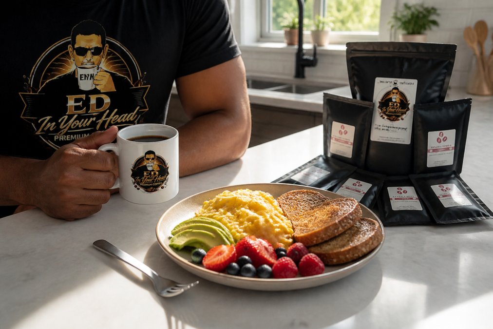 Person holding a freshly brewed cup of coffee next to a plate with scrambled eggs, whole grain toast, avocado slices, and fresh berries on a bright kitchen table with natural morning light streaming through a window