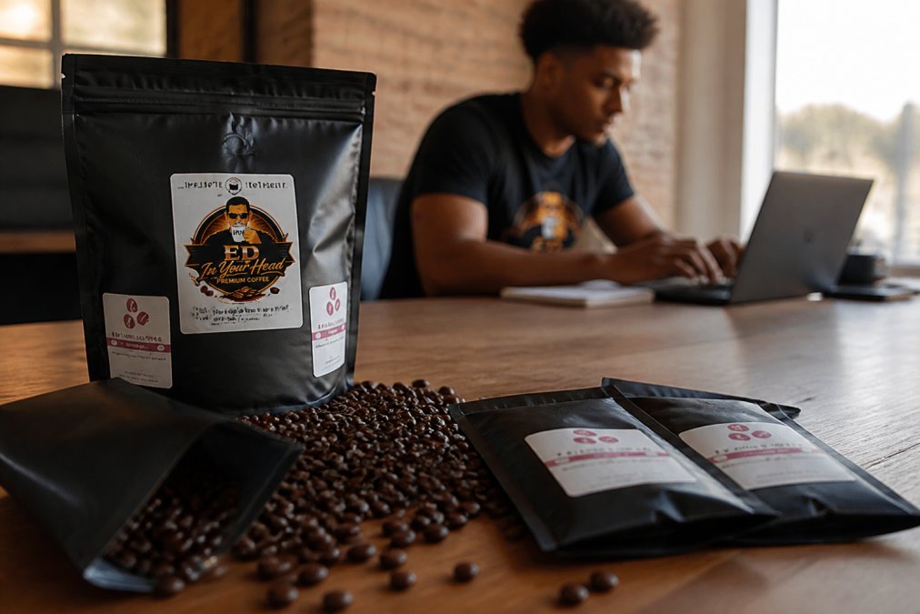 Close-up of freshly roasted dark coffee beans spilling from a bag onto a wooden surface, with an athlete seated at a desk in the soft-focused background, appearing focused and energized while working on a laptop