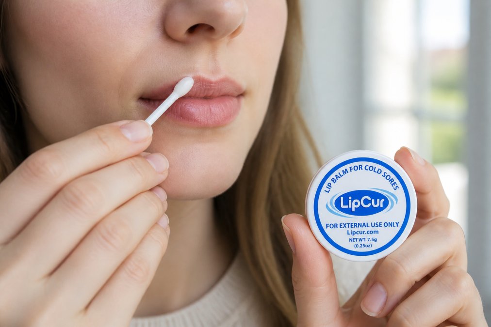 Close-up of hands applying cold sore cream to lip with applicator stick, showing proper technique with natural daylight illuminating the application area
