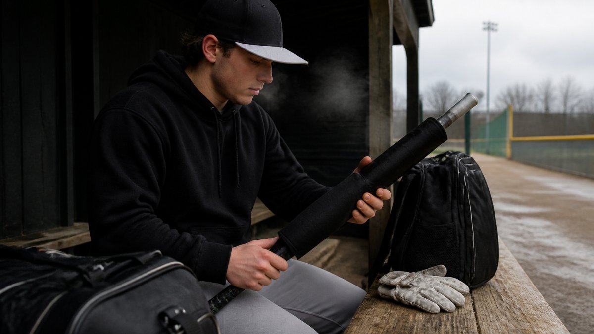 A baseball player in a dugout on a cold overcast day slipping a heated sleeve over a composite bat, breath visible in the air, equipment bag and gloves nearby