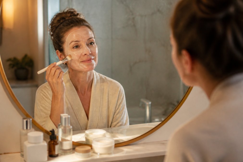A woman in her 40s applying a collagen night mask with a brush in a softly lit bathroom, skincare products arranged neatly on the counter