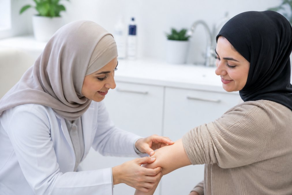 Close-up of a woman's smooth, hydrated forearm skin being gently pressed by a dermatologist's fingers to demonstrate elasticity in a bright clinical office