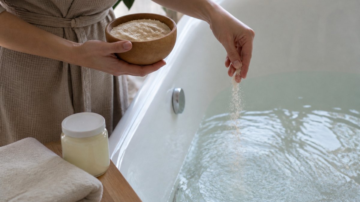 A person's hands sprinkling fine colloidal oatmeal powder into a lukewarm bathtub, with a folded towel and a jar of moisturizer on the tub edge, soft natural light