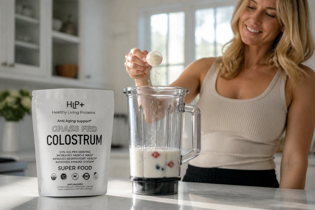 Person holding a scoop of colostrum powder over a blender in a bright, modern kitchen, showing the practical daily supplementation routine with natural morning light streaming through windows