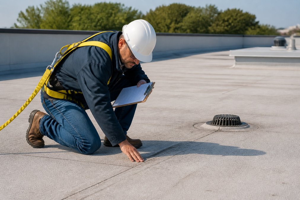 Commercial roofing professional in safety harness inspecting flat roof membrane up close during daylight, checking seams and drainage areas with clipboard