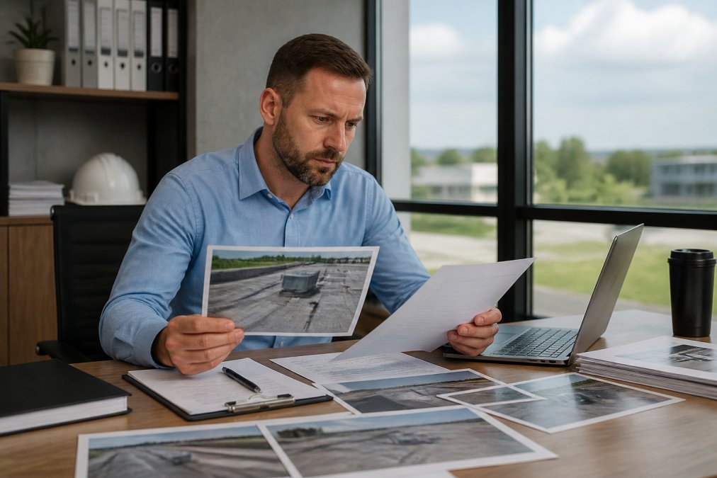 Property manager reviewing roof damage photos and claim documents at desk with laptop and insurance paperwork, natural office lighting