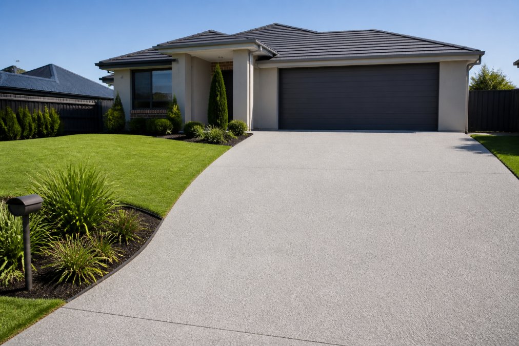 A well-presented Australian suburban home with a freshly resurfaced, clean concrete driveway leading to the garage, bright daylight, manicured garden edges