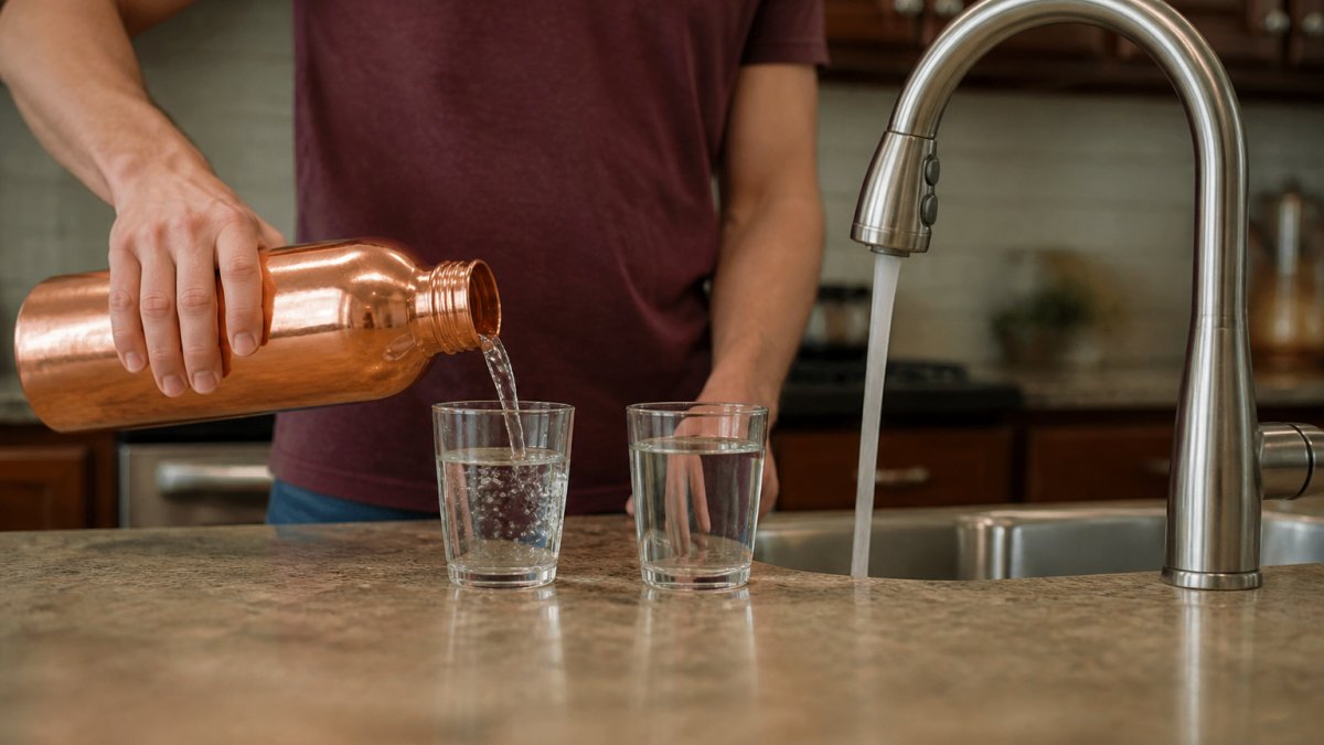 Diagram comparing water from a copper bottle and tap to test copper quality at home