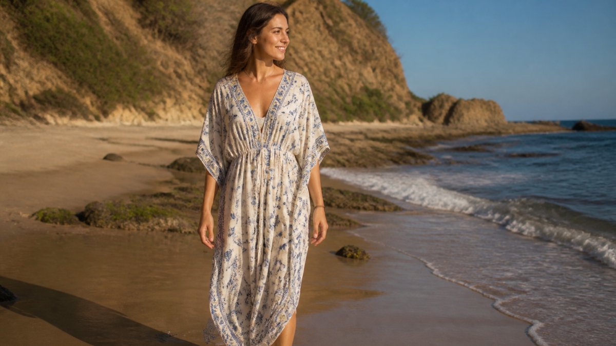 Woman wearing a lightweight hand block-printed cotton kaftan at the beach on a hot, sunny day, the fabric draping naturally and comfortably on her body as she walks along the sand