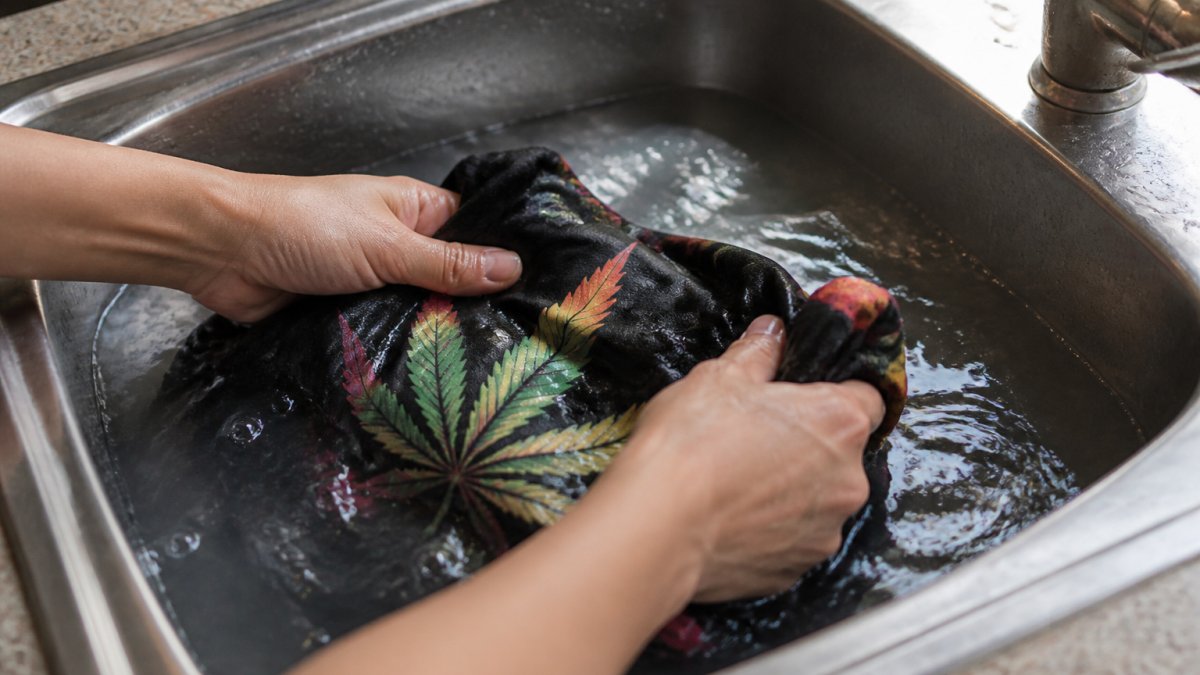 Step-by-step guide showing how to hand wash a graphic t-shirt in cool water to prevent fabric shrinkage.