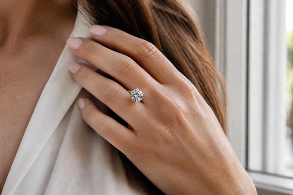 Close-up of a woman's hand wearing a sparkling cubic zirconia ring, photographed in soft natural window light to highlight the stone's brilliance and fire