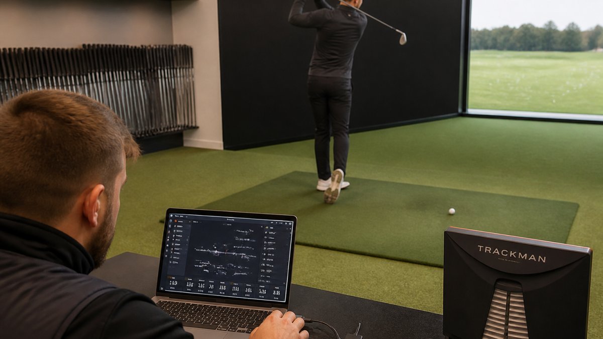PGA professional using a launch monitor to analyze a golfer’s swing in a modern indoor fitting studio