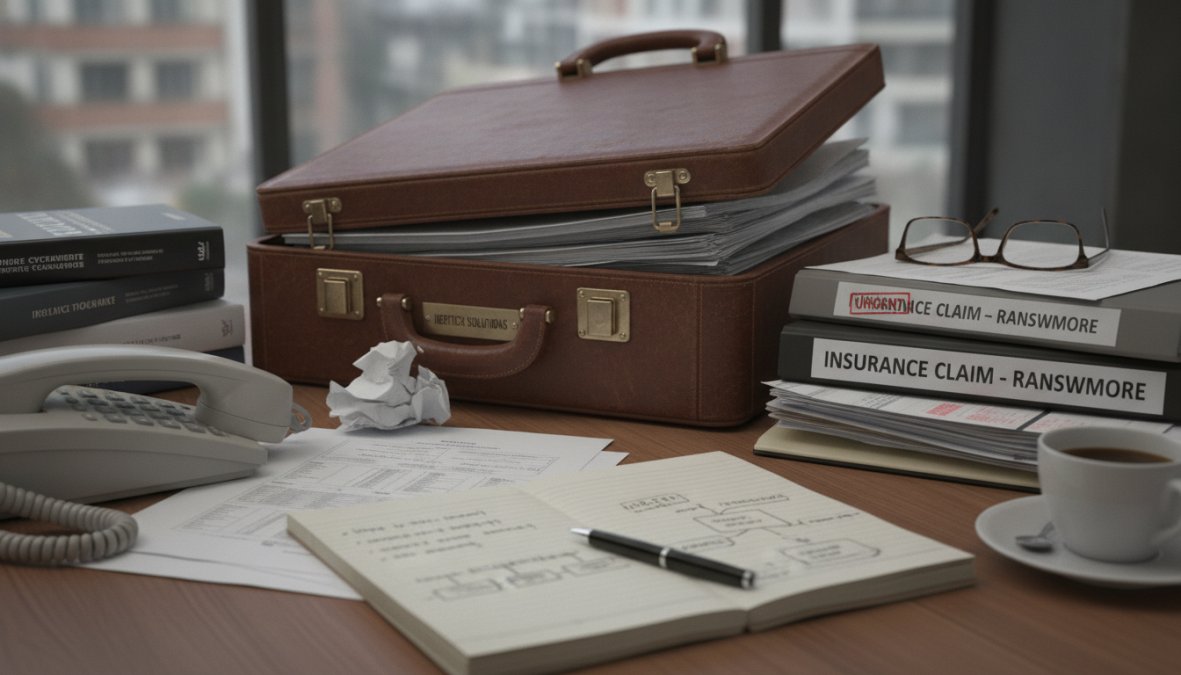 Business professional reviewing incident response documentation on a laptop in a secure office environment, with notepad and phone nearby