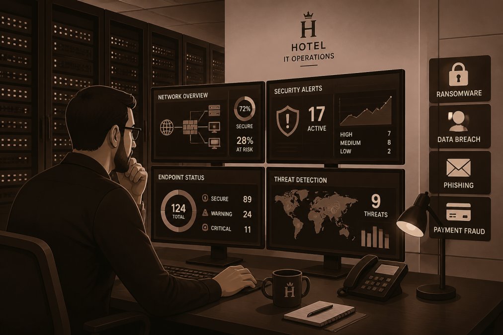 Hotel IT manager sitting at a desk with multiple monitors showing network security dashboards, looking focused and concerned in a dimly lit server room