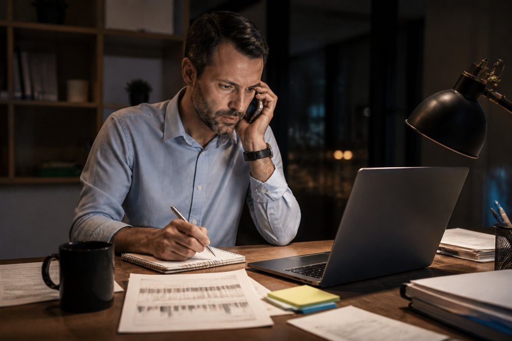 Business professional on a phone call at night, laptop open on a desk with urgent documents and notepad, conveying an emergency response scenario
