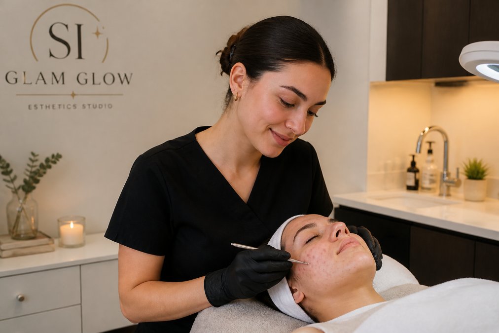 Licensed esthetician performing a gentle facial treatment on a teen acne patient in a calm clinic setting