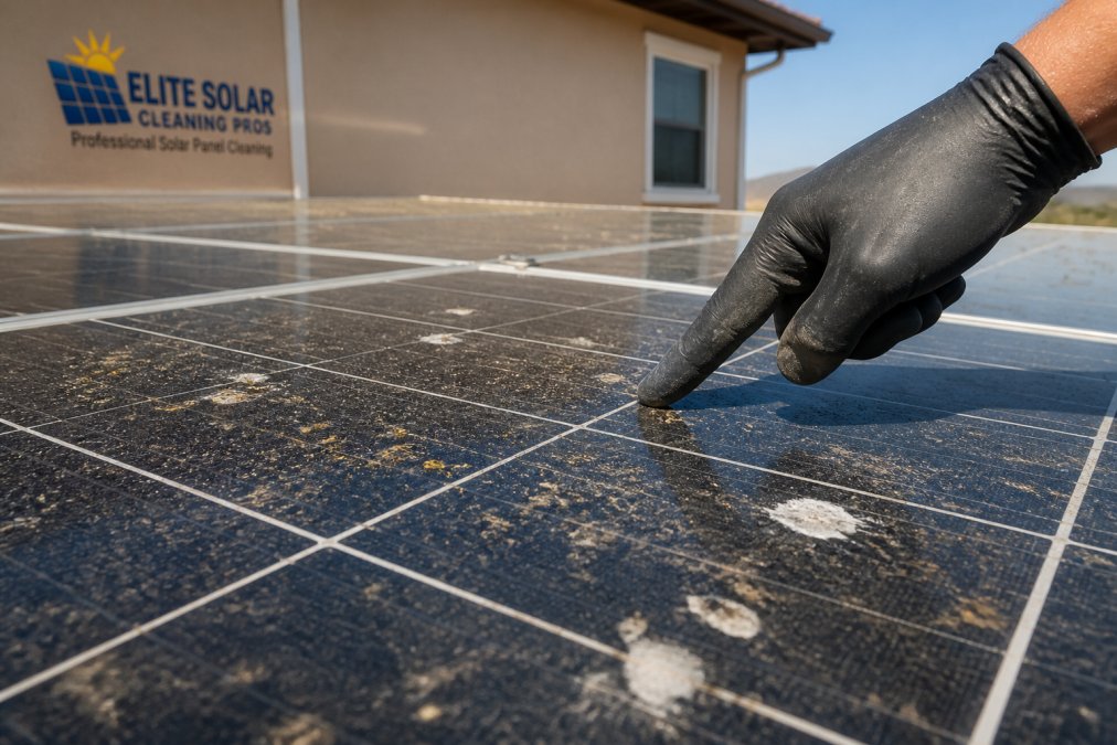 A gloved hand points to bird droppings and dust on dirty solar panels that reduce energy efficiency.
