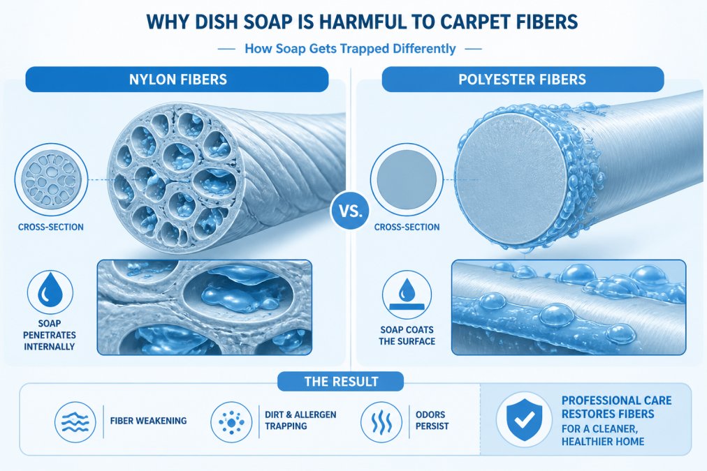 Side-by-side microscopic comparison of nylon fibers (with internal soap penetration) and polyester fibers (with surface soap coating), showing the structural differences in how each fiber type traps soap residue