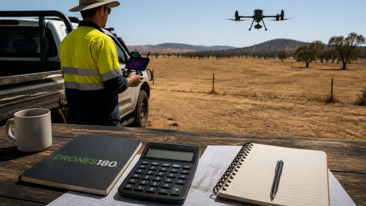 Drone operator checking thermal data on a controller near a ute, considering DJI Enterprise drone pricing.
