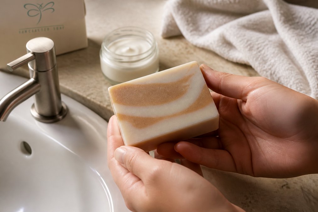 Close-up of hands holding a handmade tallow and goat milk soap bar near a bathroom sink, with a jar of moisturizer and a soft towel visible in the background, warm natural light