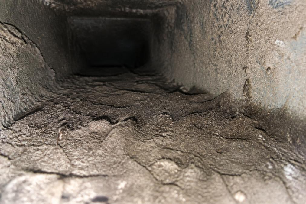 Close-up of accumulated dust, pet hair, and debris visible on the interior surface of a residential air duct, showing gray-brown buildup along the duct walls under bright inspection lighting