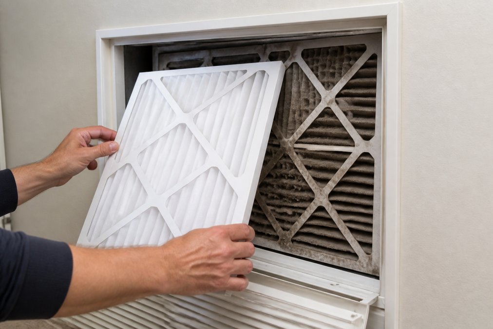 Homeowner's hands inserting a new pleated air filter into a return vent, showing the contrast between a dark gray-brown used filter and a clean white replacement filter in bright natural lighting