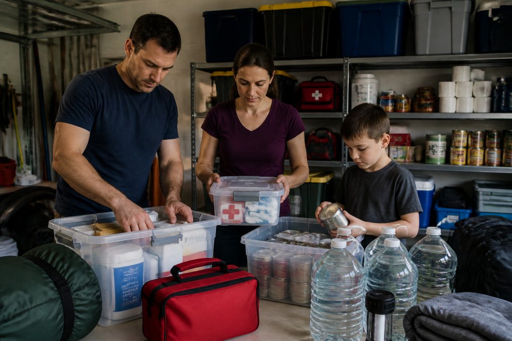 Family organizing emergency supplies in their garage with storage containers, water jugs, first aid kits, and non-perishable food items neatly arranged on shelves