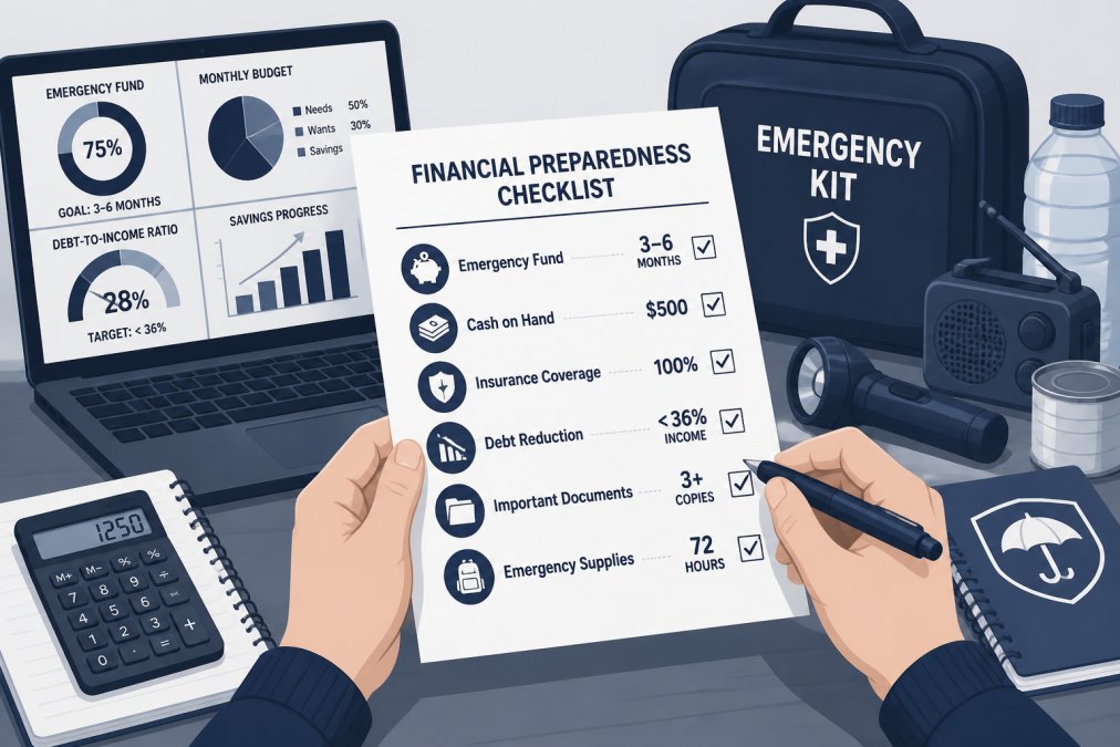 Close-up of a person's hands holding a printed checklist and pen, with a laptop showing financial documents and an emergency kit visible in the background on a home office desk