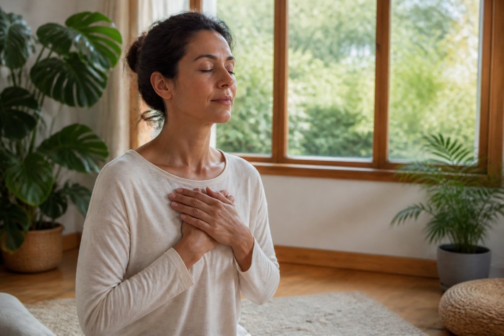 Person sitting in a quiet, comfortable room with natural light streaming through a window, hands placed gently on chest, eyes closed in a moment of reflection and stillness