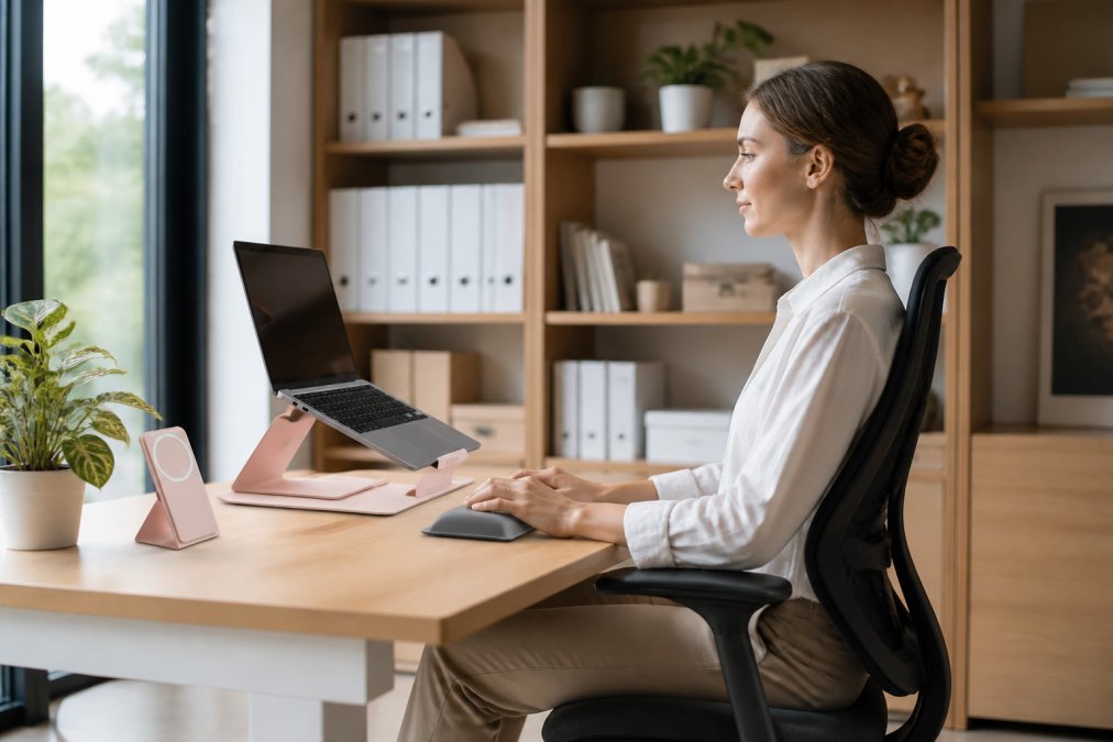 Professional office worker sitting upright at desk with proper posture, shoulders relaxed, monitor at eye level, demonstrating correct neutral sitting position with visible lumbar support