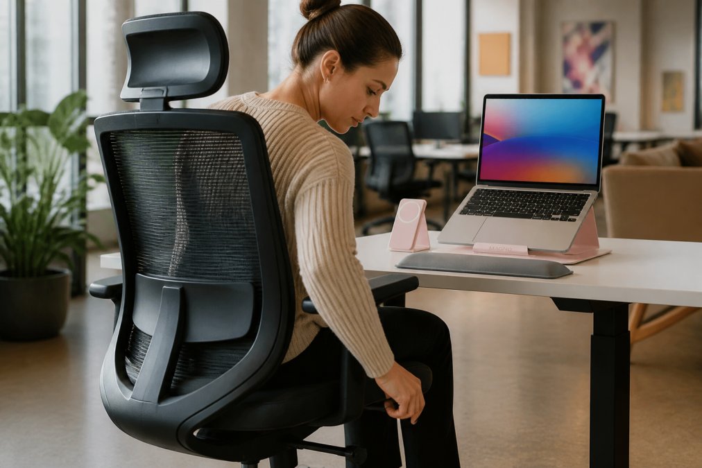 Close-up of hands adjusting chair height lever and armrest controls at a workspace, demonstrating proper setup process with office environment visible