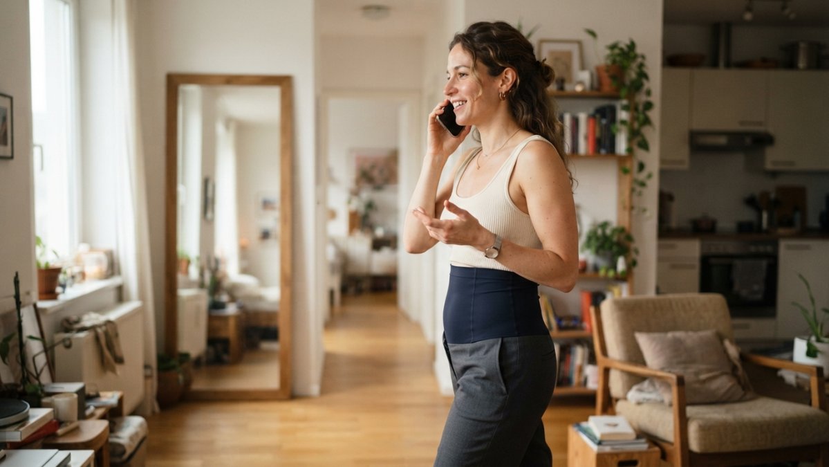 Woman in high-waist shaping briefs checking her posture in a mirror to improve shoulder alignment