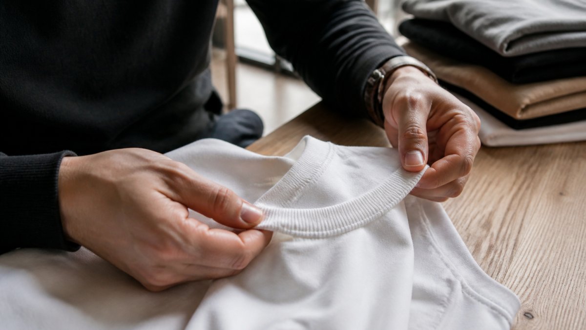 Close-up of hands examining the stitching and fabric of a designer t-shirt on a wooden table, with natural window light