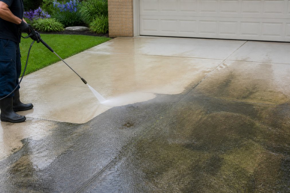 Professional pressure washing a dirty driveway to see if does exterior cleaning increase property value