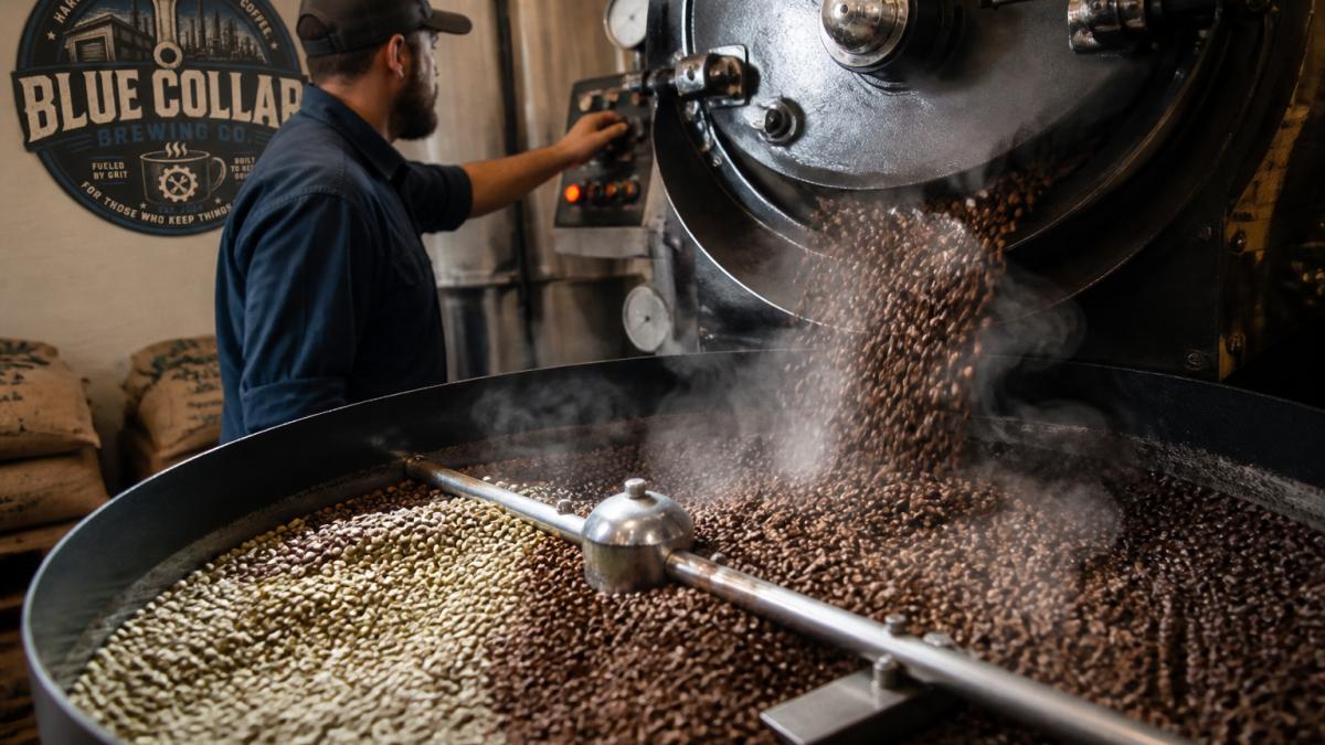 Coffee beans roasting from green to dark brown inside a drum roaster with a roaster adjusting the heat controls