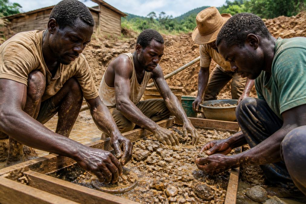 Artisanal gold miners working together at a small-scale mining operation in a rural community setting, showing hands extracting ore and sorting materials in natural daylight