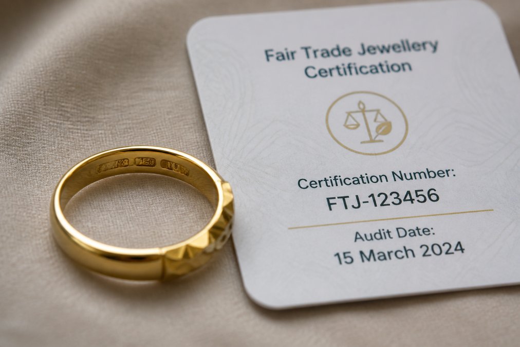 Close-up photograph of a gold ring with visible hallmark stamps and certification documentation card beside it, showing certification number and audit date clearly legible